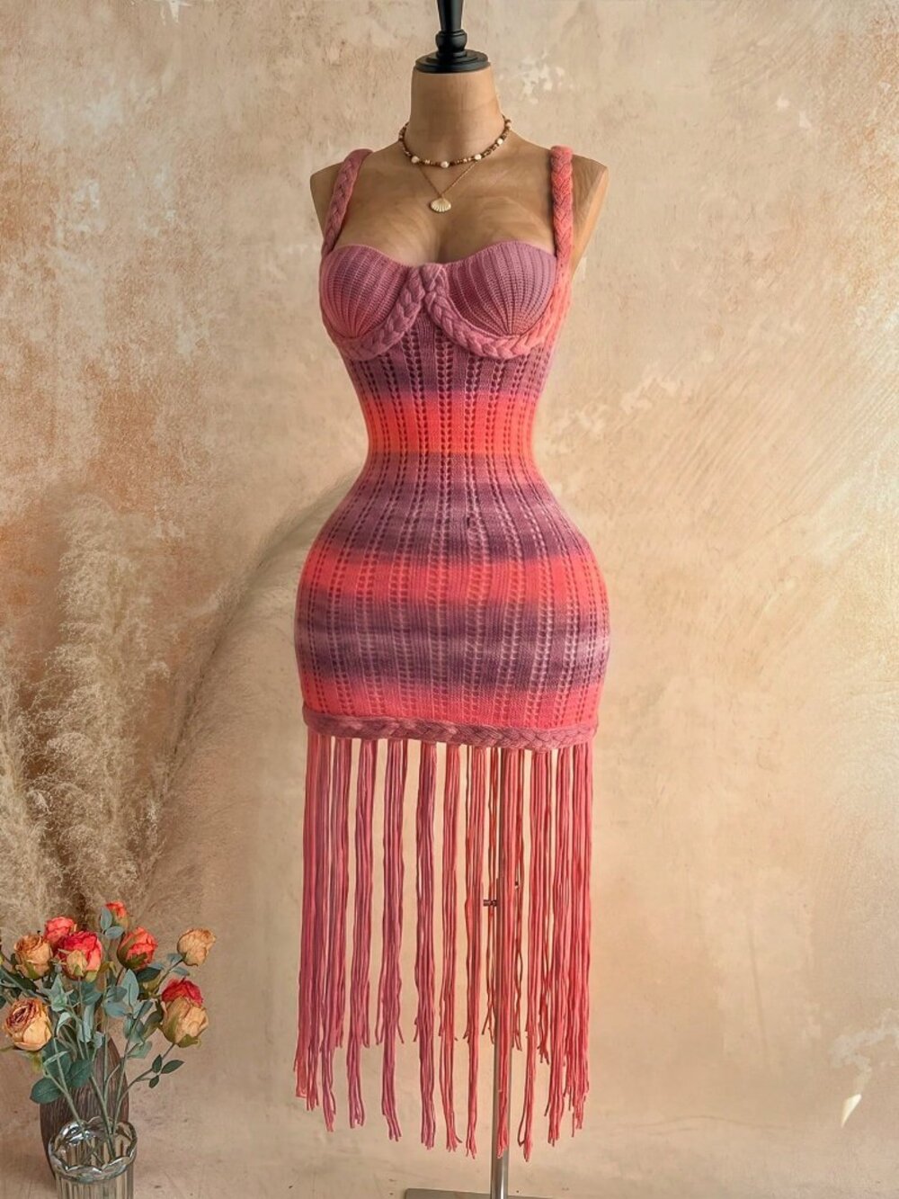 Burgundy Sexy Women's Exaggerated Tassel Braided Rope Knit Mini Dress - Picture 3 of 7